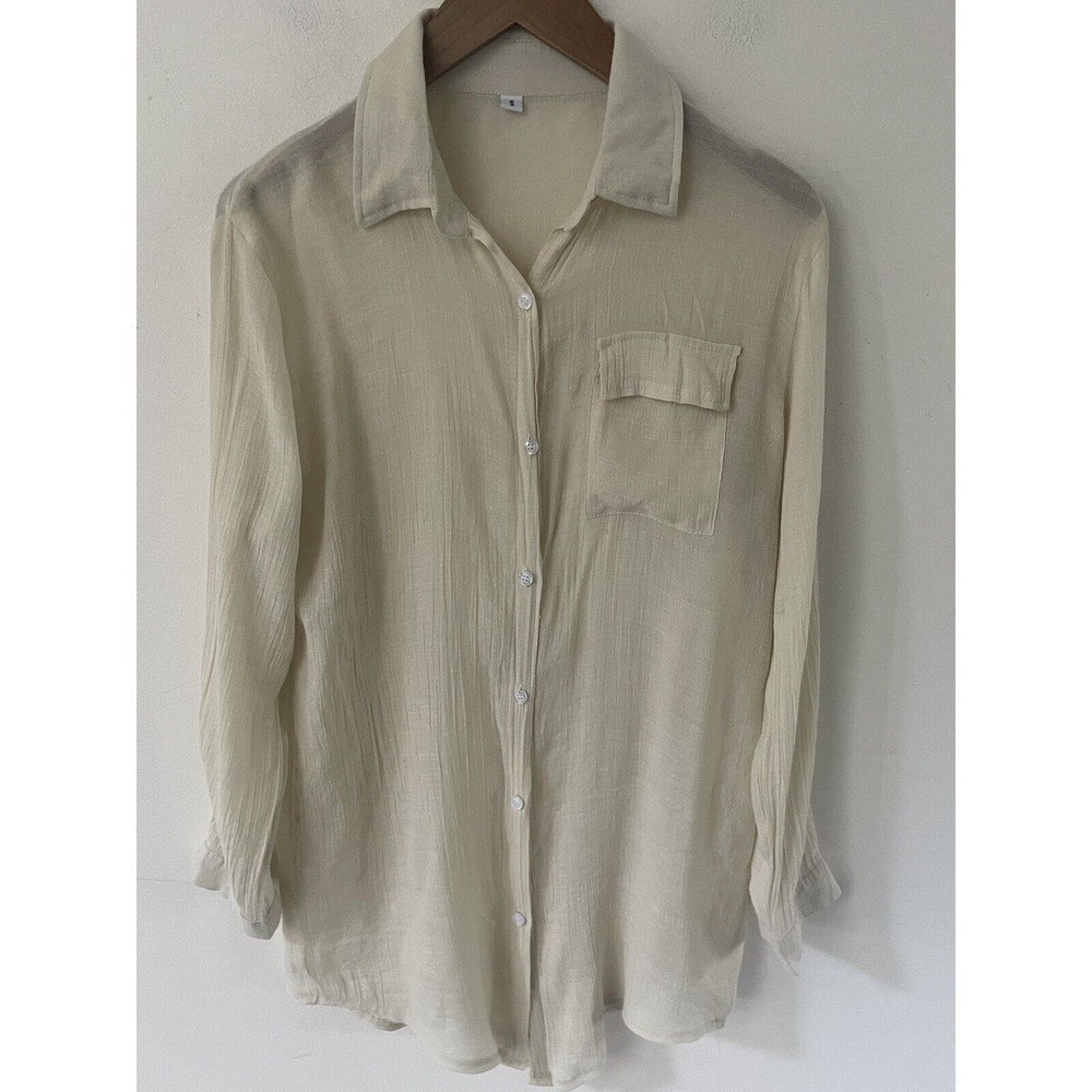 Womens Tunic Size Small Viscose Polyester Long Sleeve Button Up Beige Boho Top